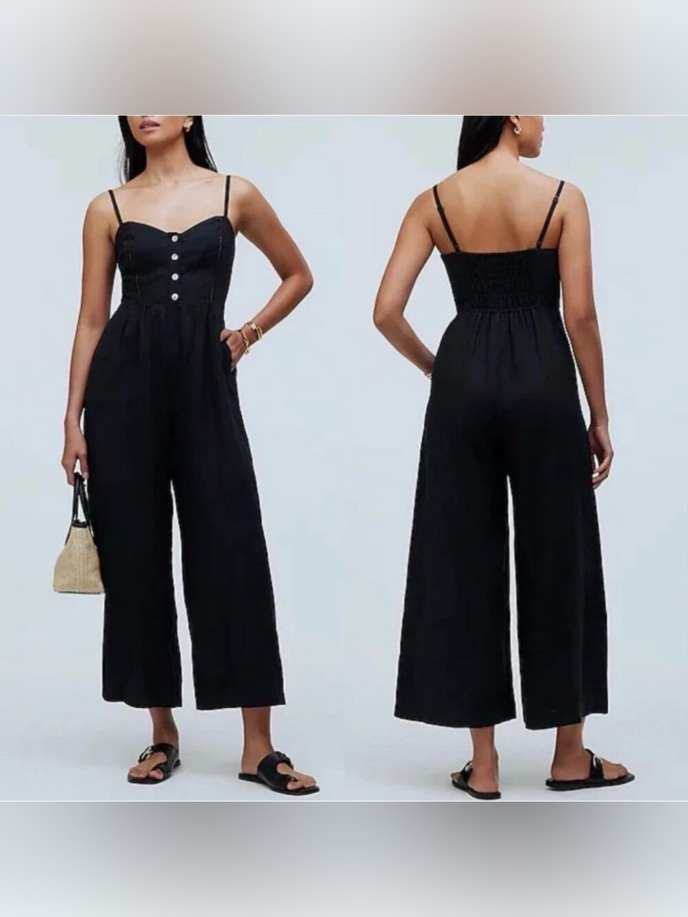 Madewell Campbell Refined Linen Jumpsuit Black Spaghetti-Strap Wide-Leg